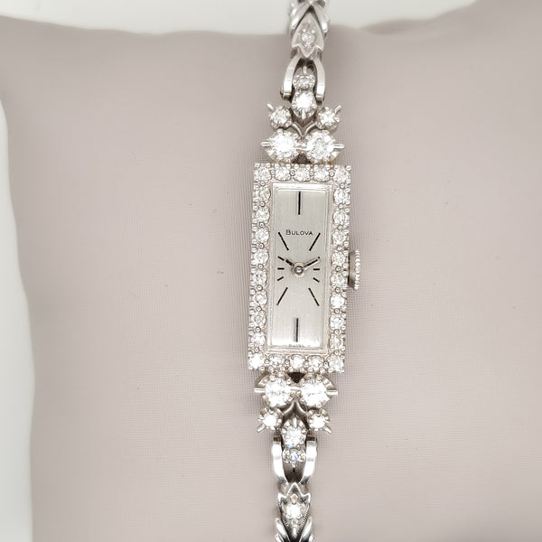 Vintage 1973 Bulova 14Kt White Gold And Diamond Ladys Dinner Watch