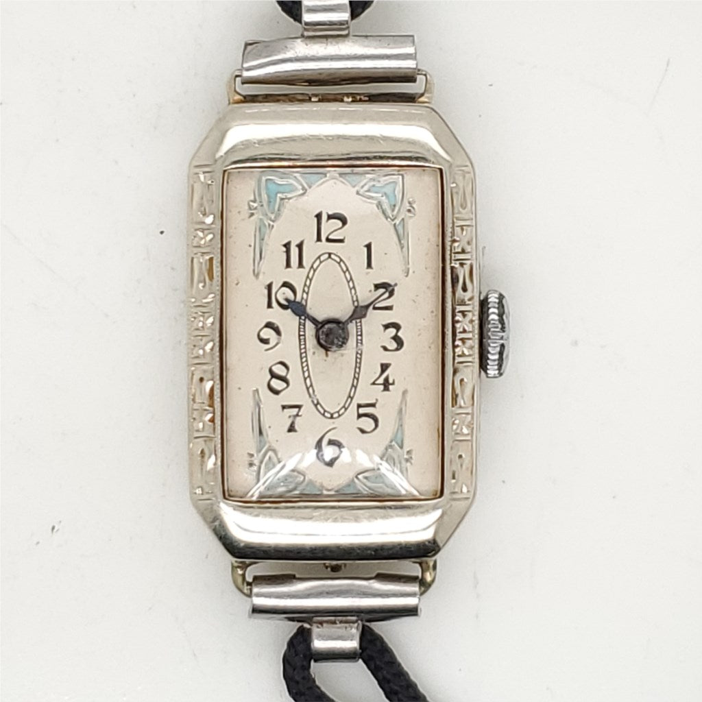 Art Deco 14kt White Gold and Enamel Watch