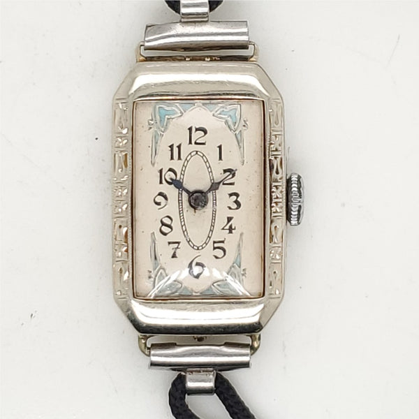 Art Deco 14kt White Gold and Enamel Watch