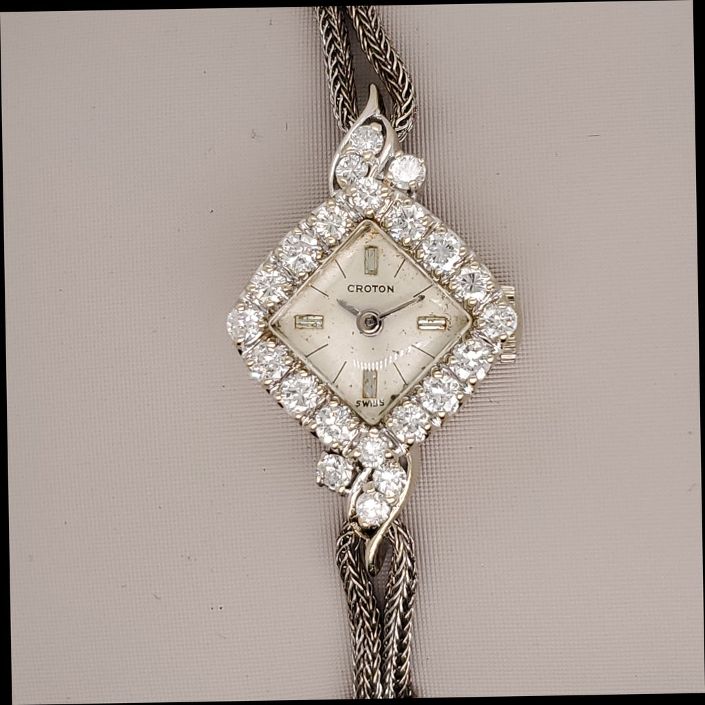 Vintage 14kt White Gold and Diamond Croton Dinner Watch