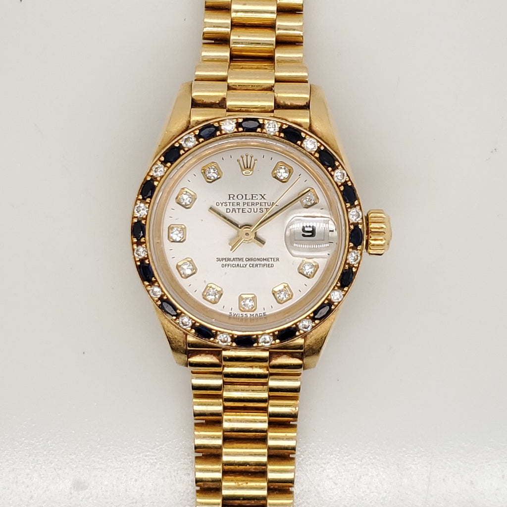 Pre-owned 1990 18kt Yellow Gold Rolex Diamond and Sapphire Watch