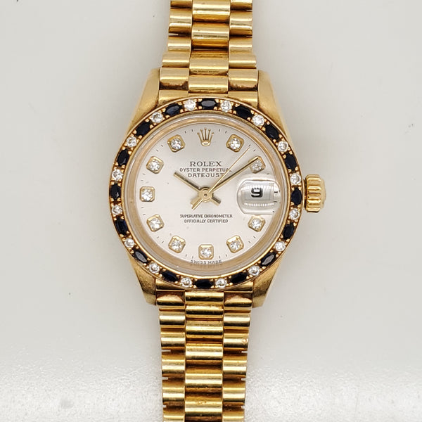 Pre-owned 1990 18kt Yellow Gold Rolex Diamond and Sapphire Watch
