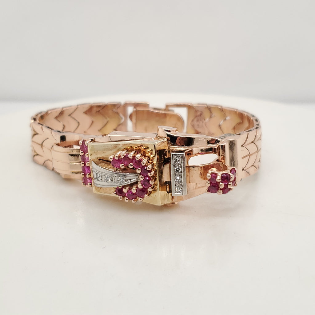 1940s Retro 14Kt Rose Gold And Ruby Watch