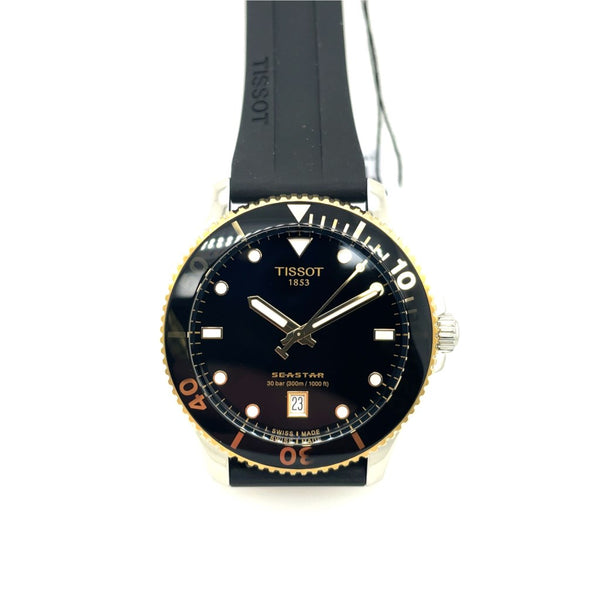 Tissot Seastar 36Mm Unisex Watch Stainless Steel Quartz Movement With Sapphire Crystal Black Bezel And Black Dial On Black Synthetic Strap T1204102705100