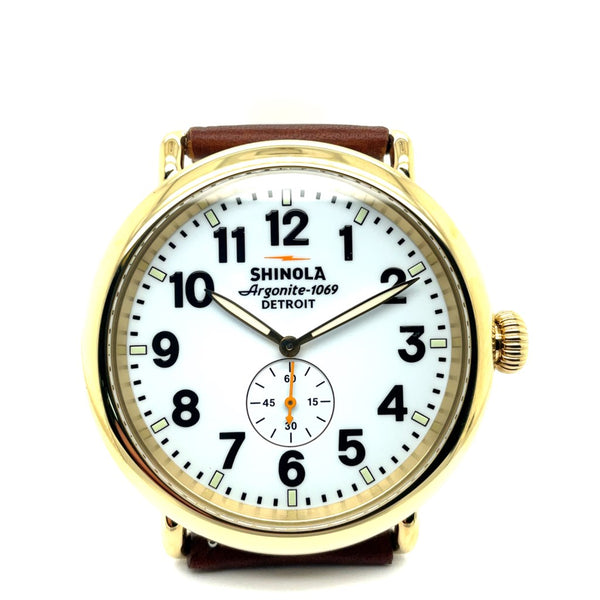 Shinola 47Mm Sub Second Runwell Argonite-1069 Quartz Movement White Dial Gold Pvd Stainless Steel Case With A Sapphire Crystal On A Teak Brown Leather Strap Style #120266281