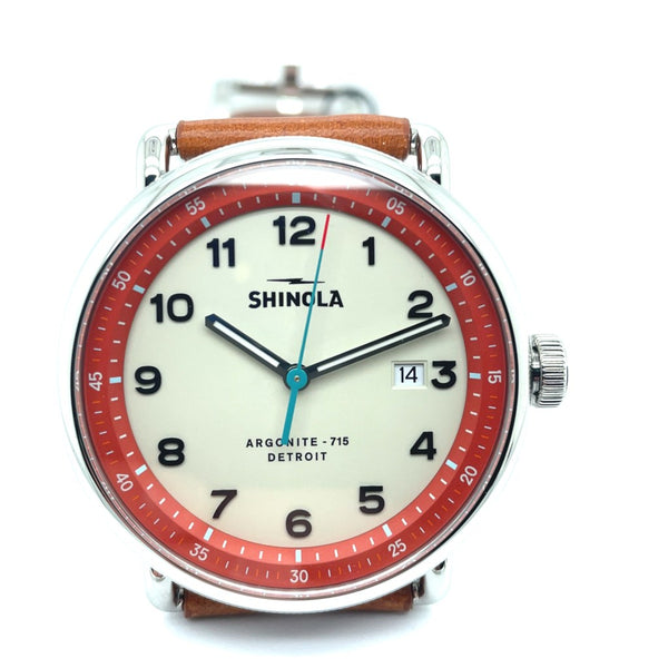 Shinola 43Mm Canfield Model C56 3Hd Argonite-715 Movement Cool Gray Dial And Orangish-Red Bezel Insert Sapphire Crystal On A Bourbon Leather Strap Style# 120266181