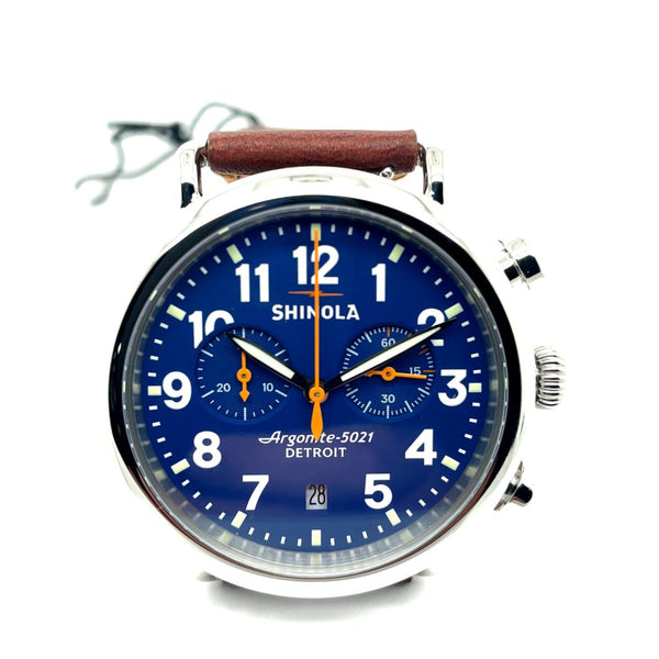Shinola 41Mm Runwell Chrono Watch Royal Blue Dial Sapphire Crystal Polished Stainless Steel Case On A Brown Leather Strap Style #110000117