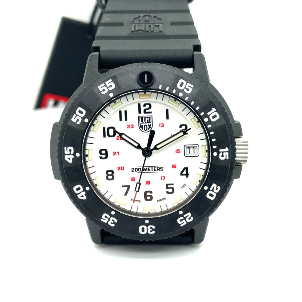 Luminox 43 Mm Navy Seal Watch Carbon Compound Case Sapphire Crystal White Dial Dial With Black And Red Print On A Black Rubber Strap. Xs.3007.Evo.S