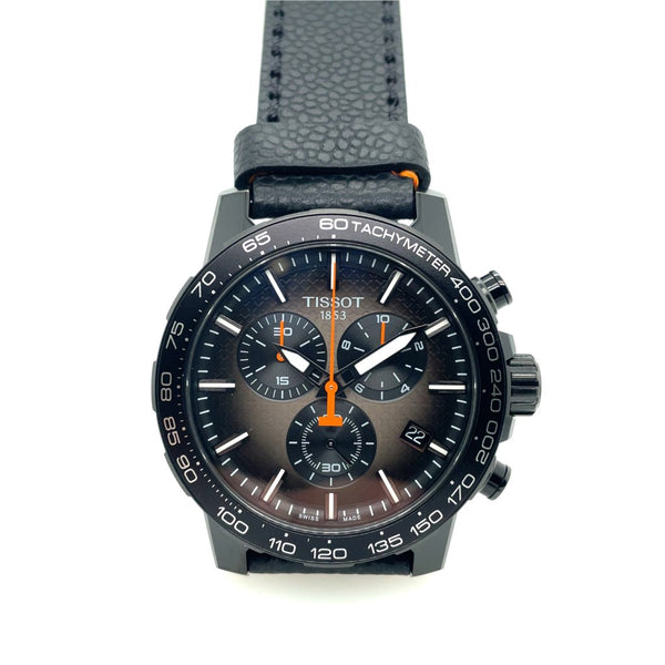 Tissot Super-Sport Gts Stainless Steel Blk Pvd Chronograph Watch Black Bezel/Dial Orange Indicators Quartz Movement Sapphire Crystal On A Black Strap T1256173608100