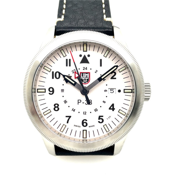 Luminox P-38 Lightning Gmt 9520 Series Watch Off White Dial Sapphire Crystal On A Black Leather Strap Xa.9527