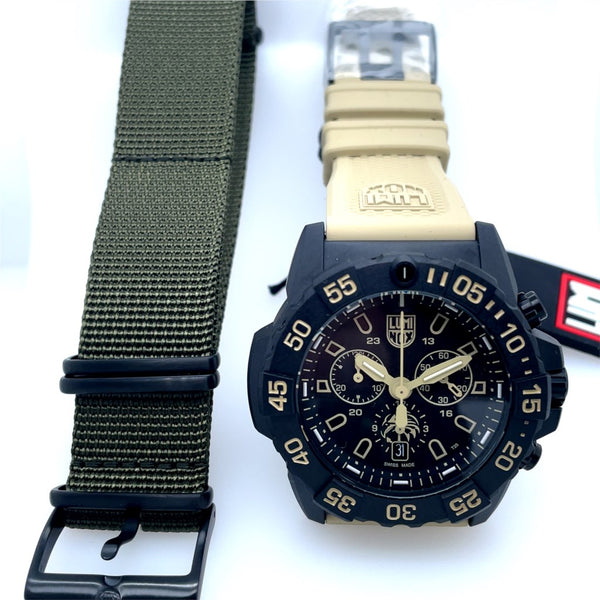Luminox Navy Seal Foundation 45Mm Watch Black Carbonox Case Stainless Steel Backing Mineral Crystal With A Black Chronograph Dial ""Sand Hands"" Indicators On A Tan Rubber Strap With Extra Od Green Nylon Gift Set Xs.3590.Nsf.Set