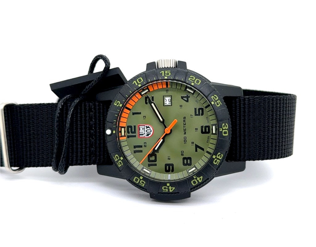 Luminox Navy Watch Carbonox Case Green And Orange Dial On Black Nylon Strap