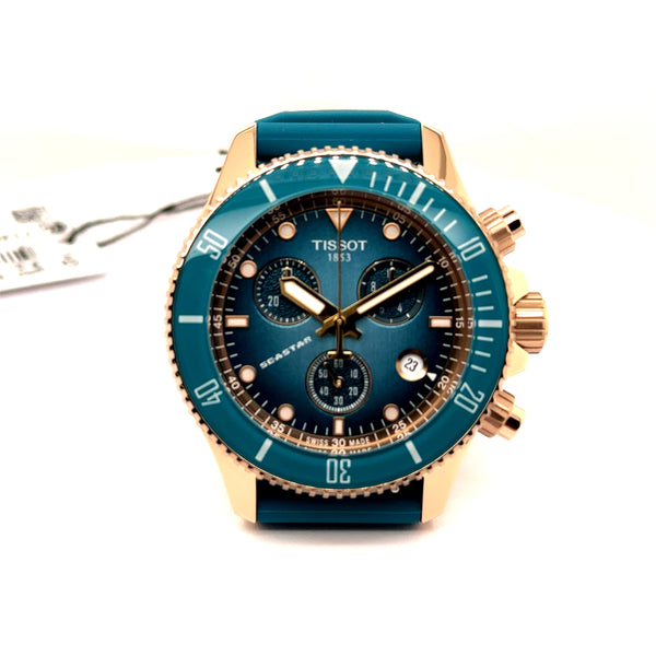 Tissot Seastar Turq Quartz Chronograph Watch Stainless Steel With Rose PVD And Turquoise/Blue Dial T1202173704100