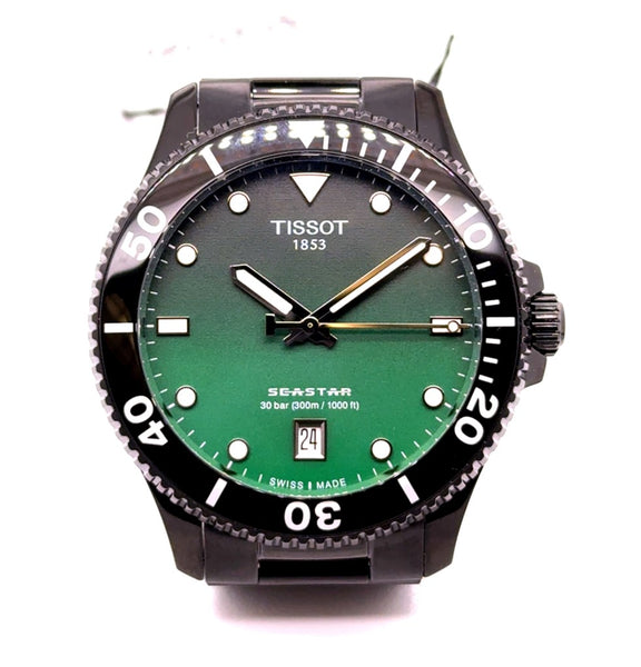 Tissot Seastar Gents Black PVD Quartz Watch Stainless Steel With Black/Green Dial T1204103309100