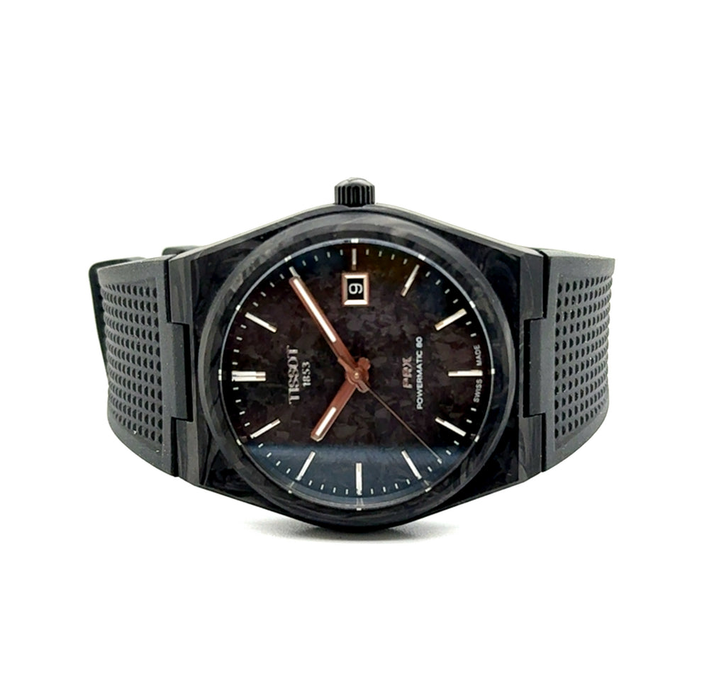 Tissot Prx PW80 Automatic Black Carbon Composite Watch On Black Rubber Strap