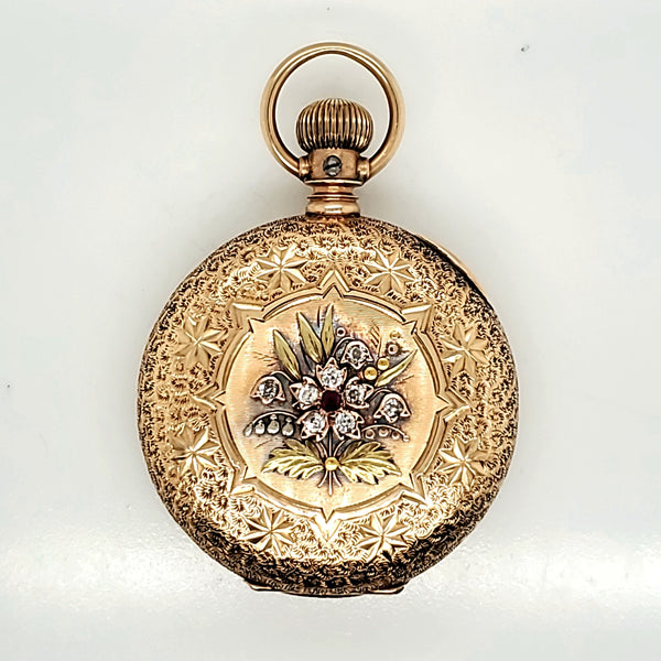1886-1887 14Kt Yellow Gold Diamond And Ruby Waltham Hunters Case Pocket Watch
