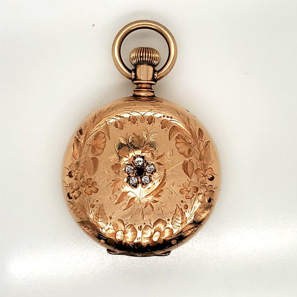 Antique 14Kt Yellow Gold Diamond And Ruby Hunters Case Pocket Watch