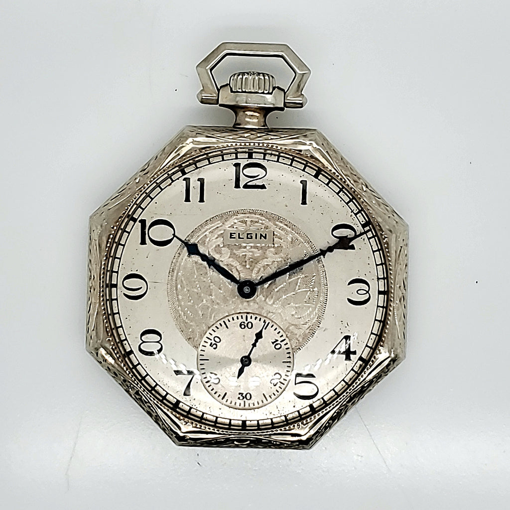 1928 Elgin Art Deco 14Kt White Gold Pocket Watch