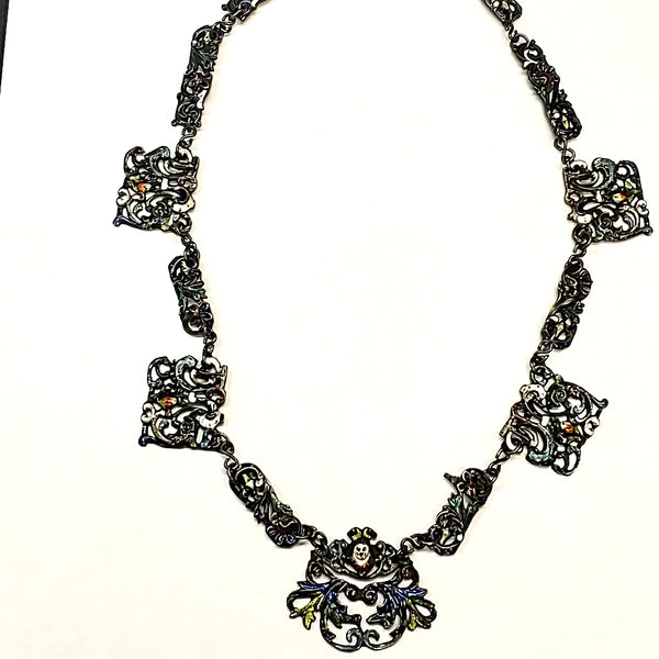 Antique Austrian Hand Enameled Silver Plaque Necklace
