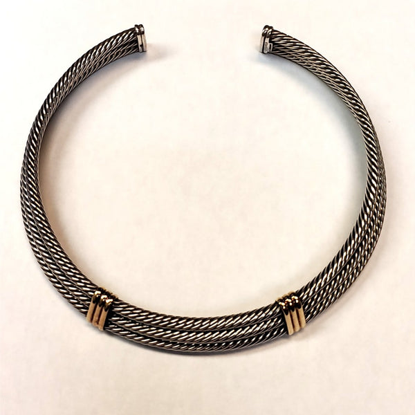 Vintage David Yurman Triple 5mm Cable Sterling Silver Collar With Yellow Gold Stations