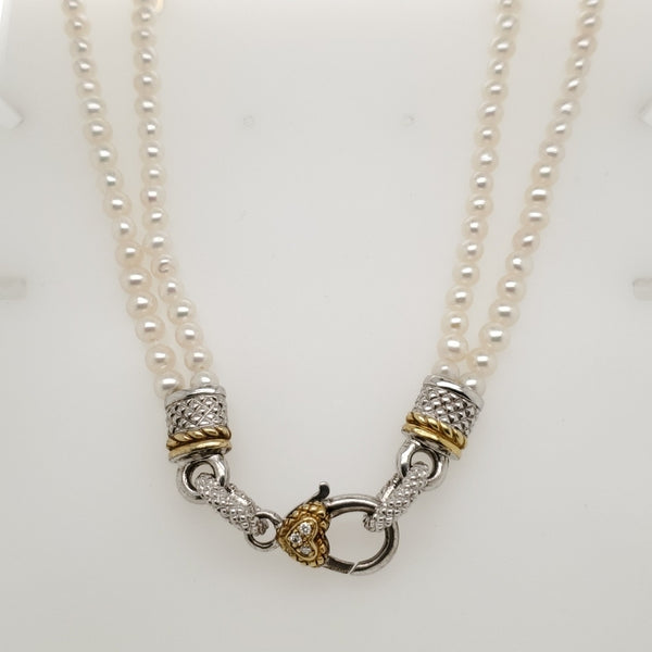Judith Ripka Sterling Silver Yellow Gold and Diamond Double Strand Pearl Necklace