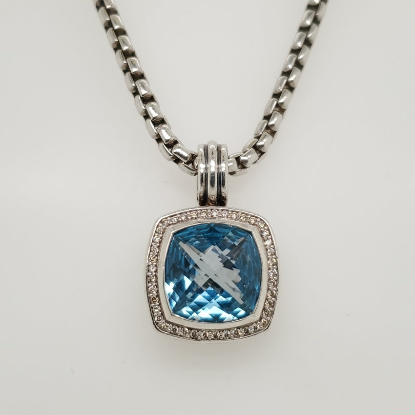 Pre - Owned David Yurman 14Mm Blue Topaz And Diamond Pendant Neckalce