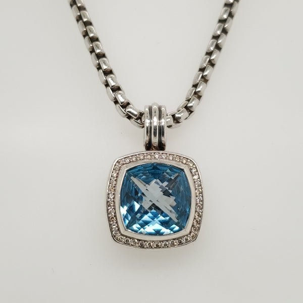 Pre - Owned David Yurman 14Mm Blue Topaz And Diamond Pendant Neckalce