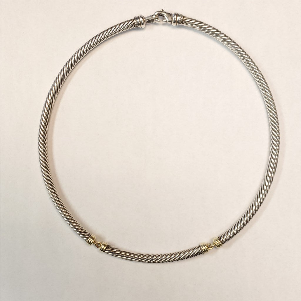 Vintage David Yurman 5mm Cable Sterling Silver Collar With Yellow Gold Center