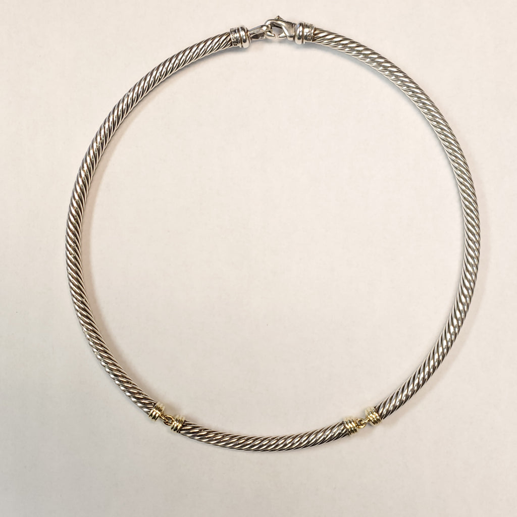 Vintage David Yurman 5mm Cable Sterling Silver Collar With Yellow Gold Center