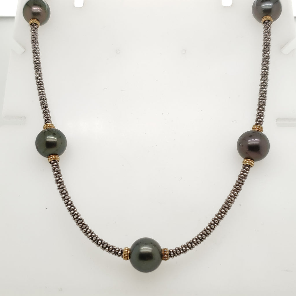 Lagos Caviar Sterling Silver with 18kt Yellow Gold Pearl Station Necklace