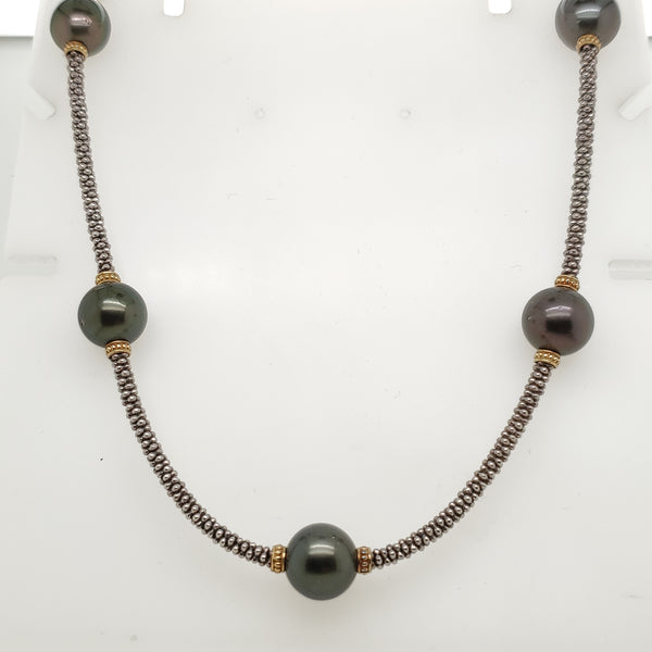 Lagos Caviar Sterling Silver with 18kt Yellow Gold Pearl Station Necklace