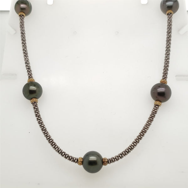 Lagos Caviar Sterling Silver with 18kt Yellow Gold Pearl Station Necklace