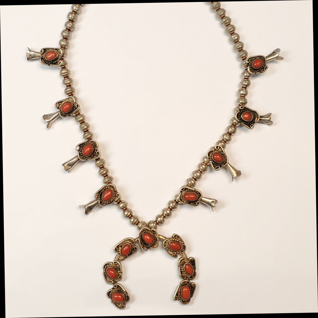 Sterling Silver and Coral Squash Blossom Necklace