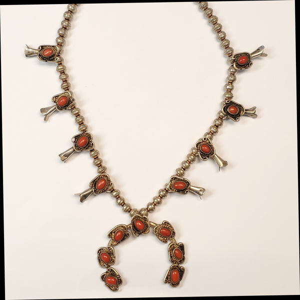 Sterling Silver and Coral Squash Blossom Necklace