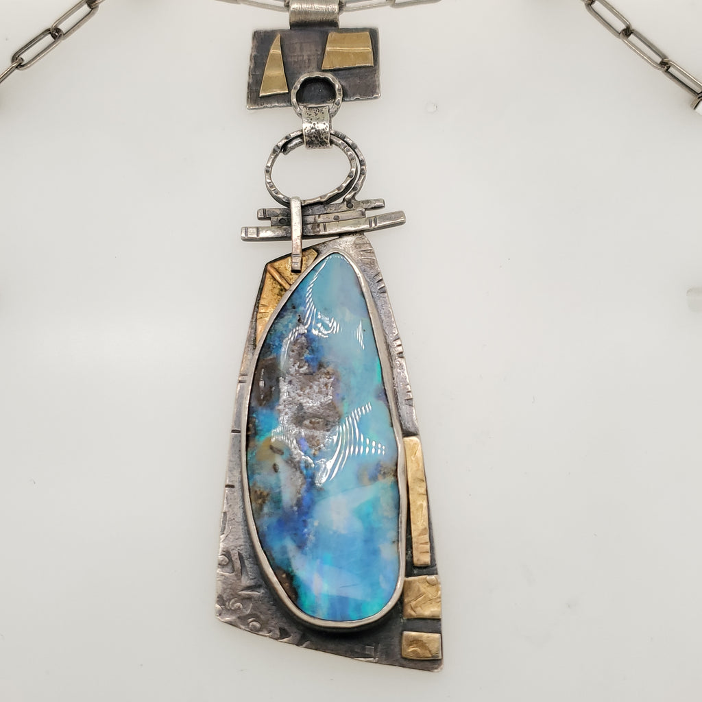 Modern Sterling Silver and 22kt Yellow Gold Opal Pendant Necklace