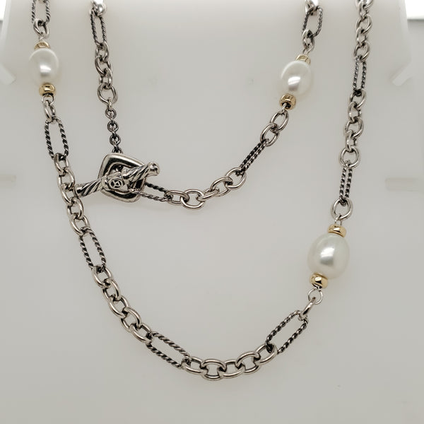 Pre-owned David Yurman 36"" Sterling Silver and 18kt Yellow Gold Pearl Necklace