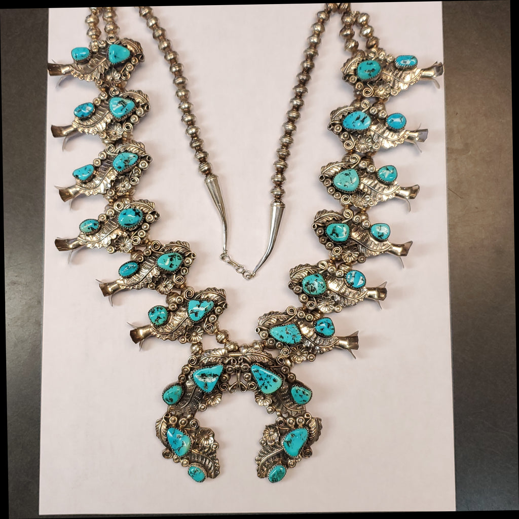 Vintage Navaho Sterling Silver and Turquoise Squash Blossom Necklace
