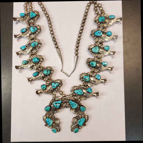 Vintage Navaho Sterling Silver and Turquoise Squash Blossom Necklace