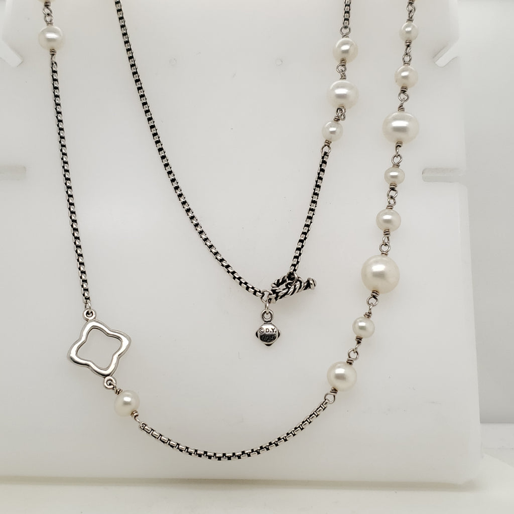 Pre-owned David Yurman 48"" Sterling Silver Quatrefoil Pearl Necklace