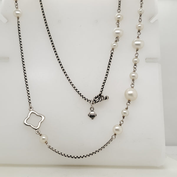 Pre-owned David Yurman 48"" Sterling Silver Quatrefoil Pearl Necklace