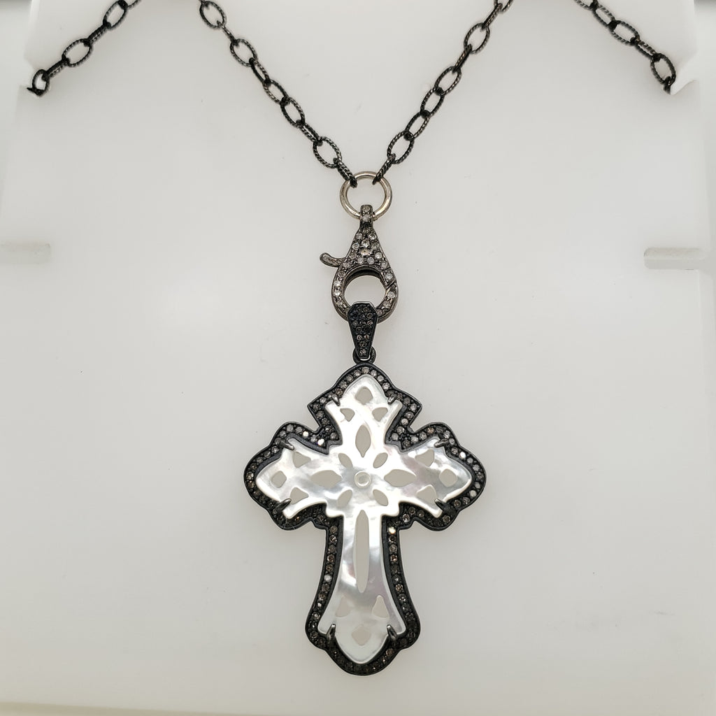 Sterling Silver Mother of Pearl and Diamond Cross Necklace