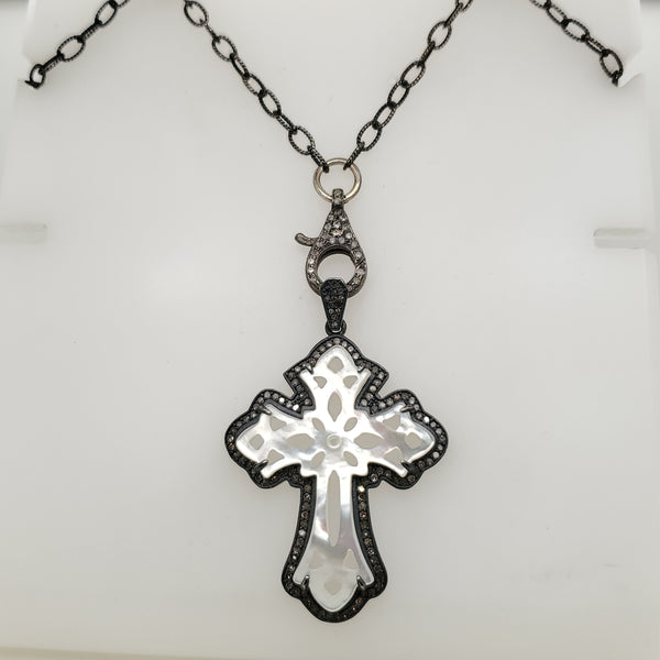 Sterling Silver Mother of Pearl and Diamond Cross Necklace