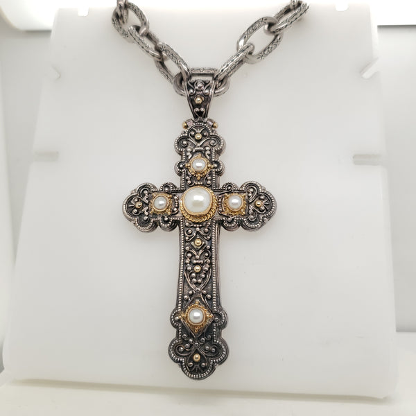 Konstaino Sterling Silver and 18kt yellow Gold Pearl Cross on Chain