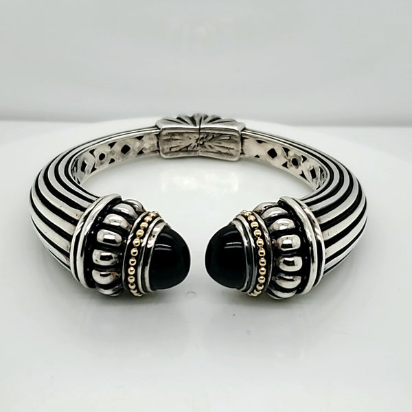 Lagos Caviar Sterling Silver and 18kt Yellow Gold Onyx Bangle Bracelet