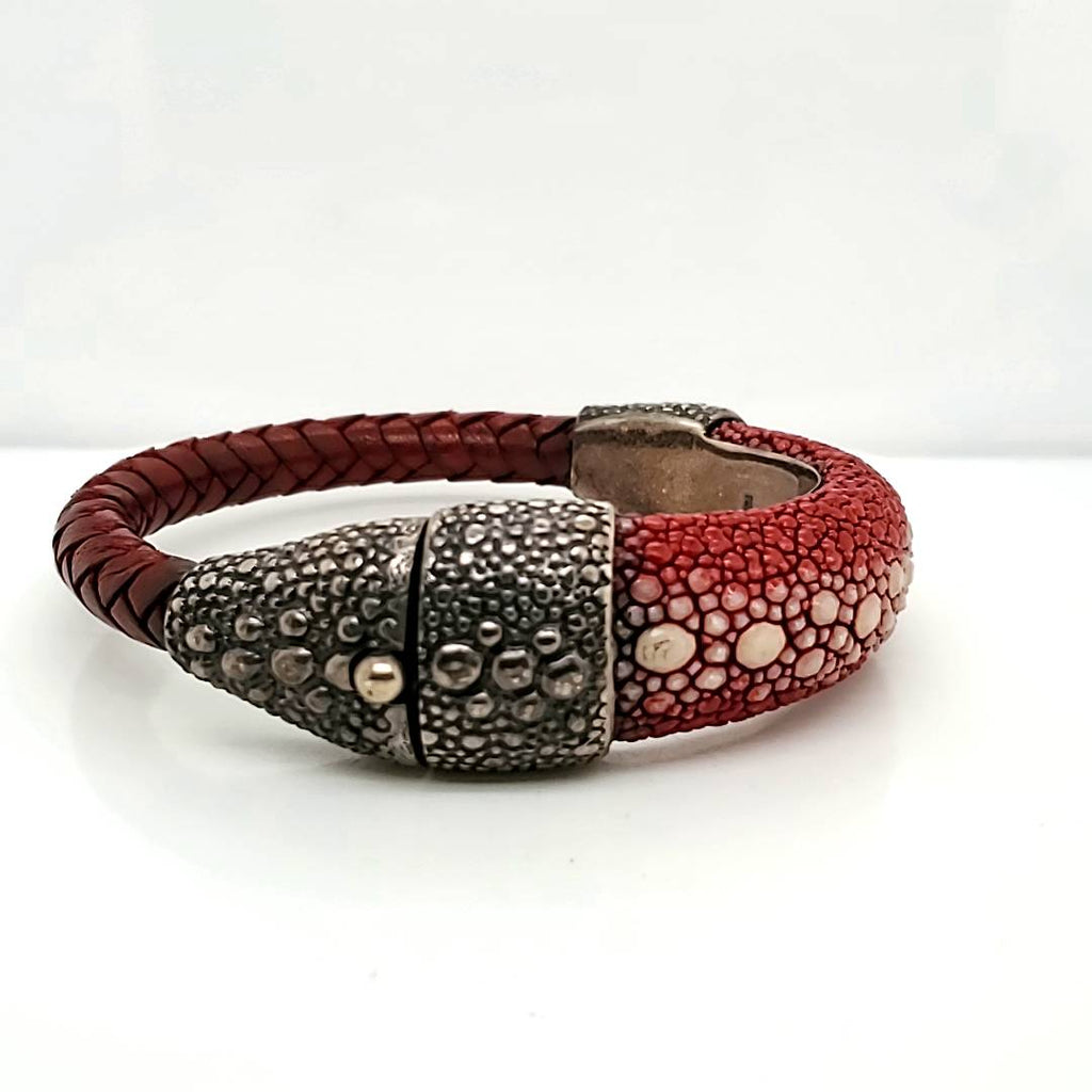 Lou Guerin Bangle Solid Silver Red Shagreen Bracelet