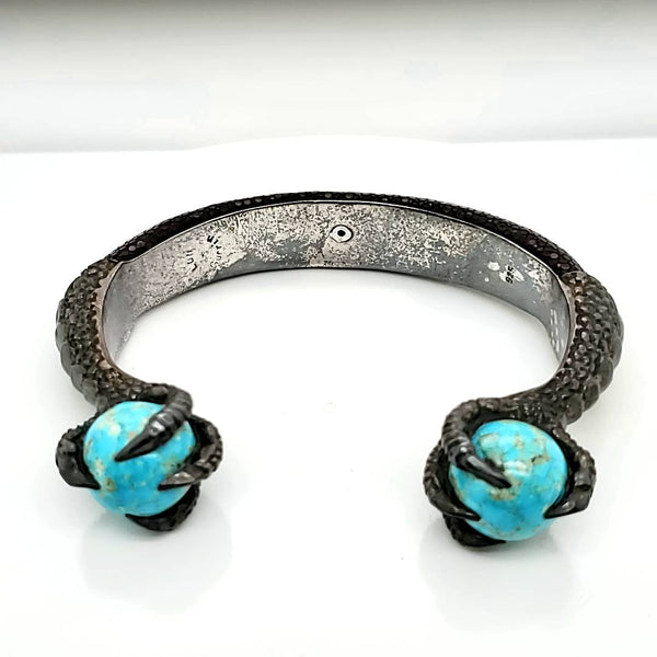 Lou Guerin Bangle Solid Silver Brown Shagreen and Turquoise Bracelet