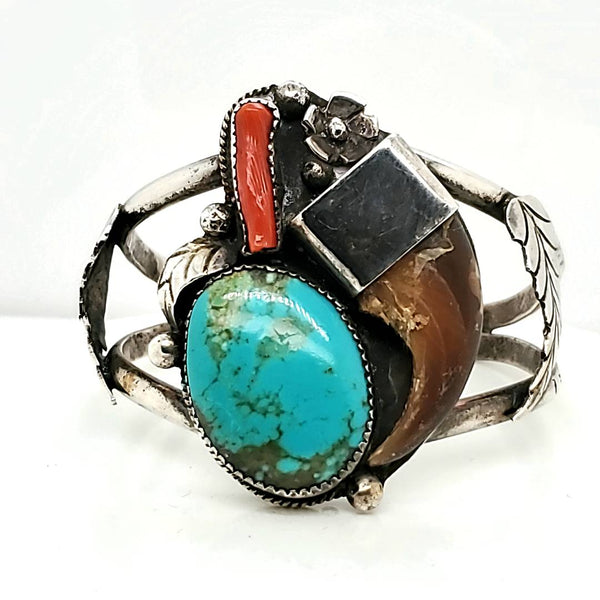 Vintage Southwest Native American Sterling Silver Coral Bear Claw and Turquoise Cuff Bracelet