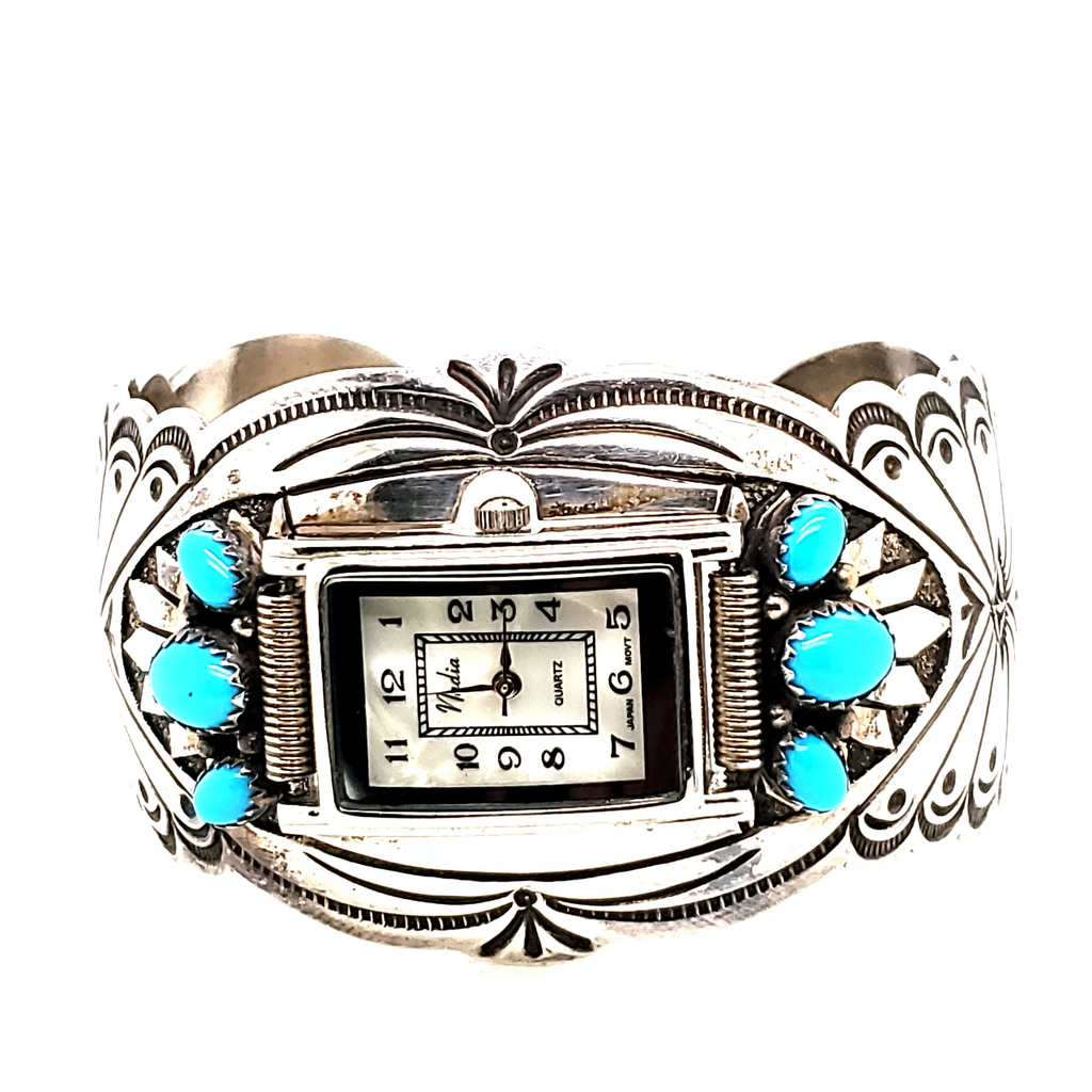 Vintage Southwest Native American Sterling Silver and Turquoise Cuff Bracelet Watch Band