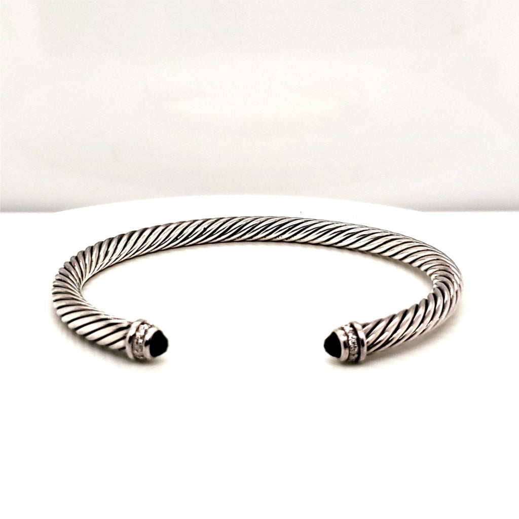 Pre - Owned David Yurman Sterling Silver Onyx and Diamond Cable Cuff Bracelet