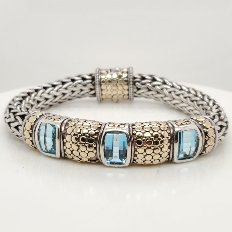 John Hardy Classic Chain Bracelet in Sterling Silver and 18kt Yellow Gold with Blue Topaz